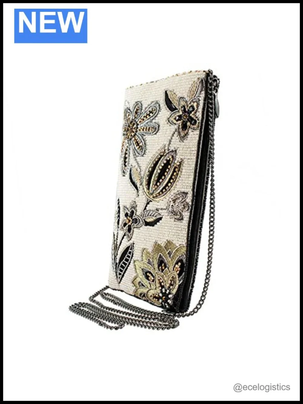 Handcrafted Floral Beaded Crossbody Cell Phone Bag with Chain Strap